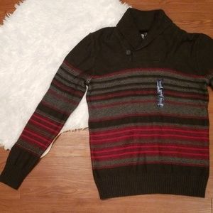 GAP Mens Small Shawl Neck Sweater Striped Red Gray